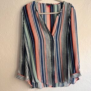 Vince Camuto Vertical Striped V-Neck Blouse in Navy, Coral & Mint